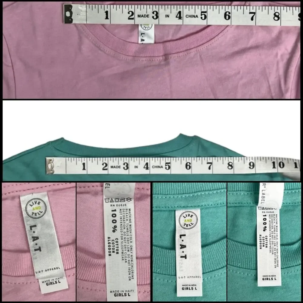 LAT Girls Fine Jersey T-Shirt Top Short Sleeve Crew Large Pink Green Bundle of 2